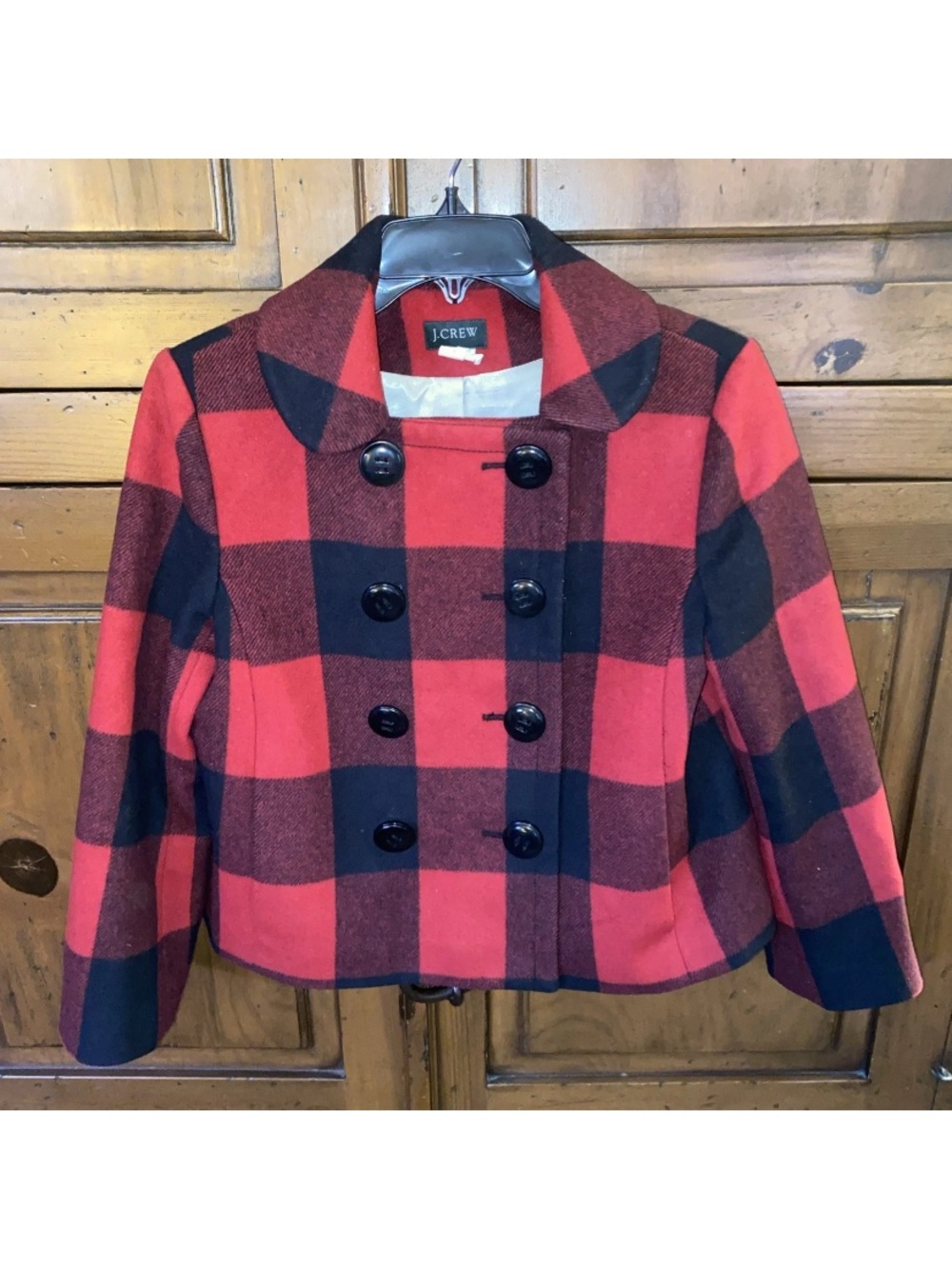 J. Crew Black/Red Buffalo Plaid Cropped Wool Pea Coat-Womens Size 6